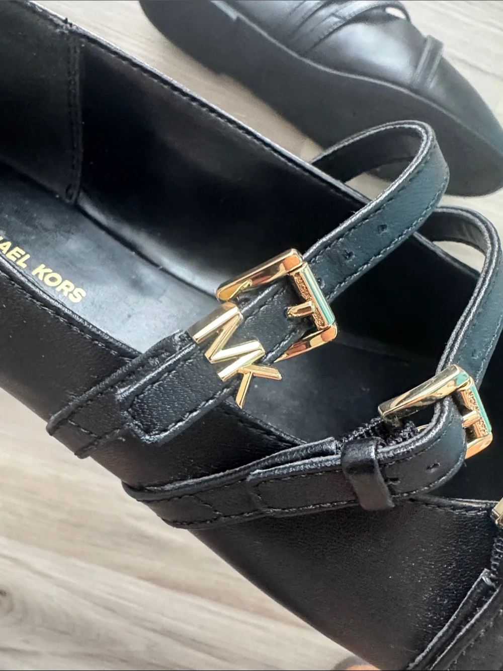 Michael Kors Black Triple-Strap Mary Jane Flats with Gold Buckles